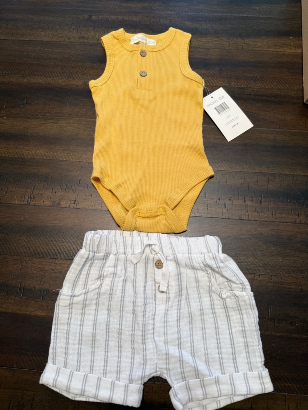 Rachel Zoe Mustard Ribbed Tank Bodysuit with Cream & Gray Striped Shorts